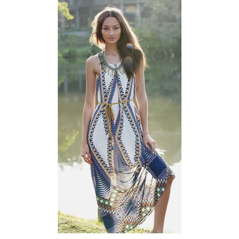 Anthropologie Maeve Pakpao Geometric Belted Maxi‎ Dress with Pockets - Size 2P